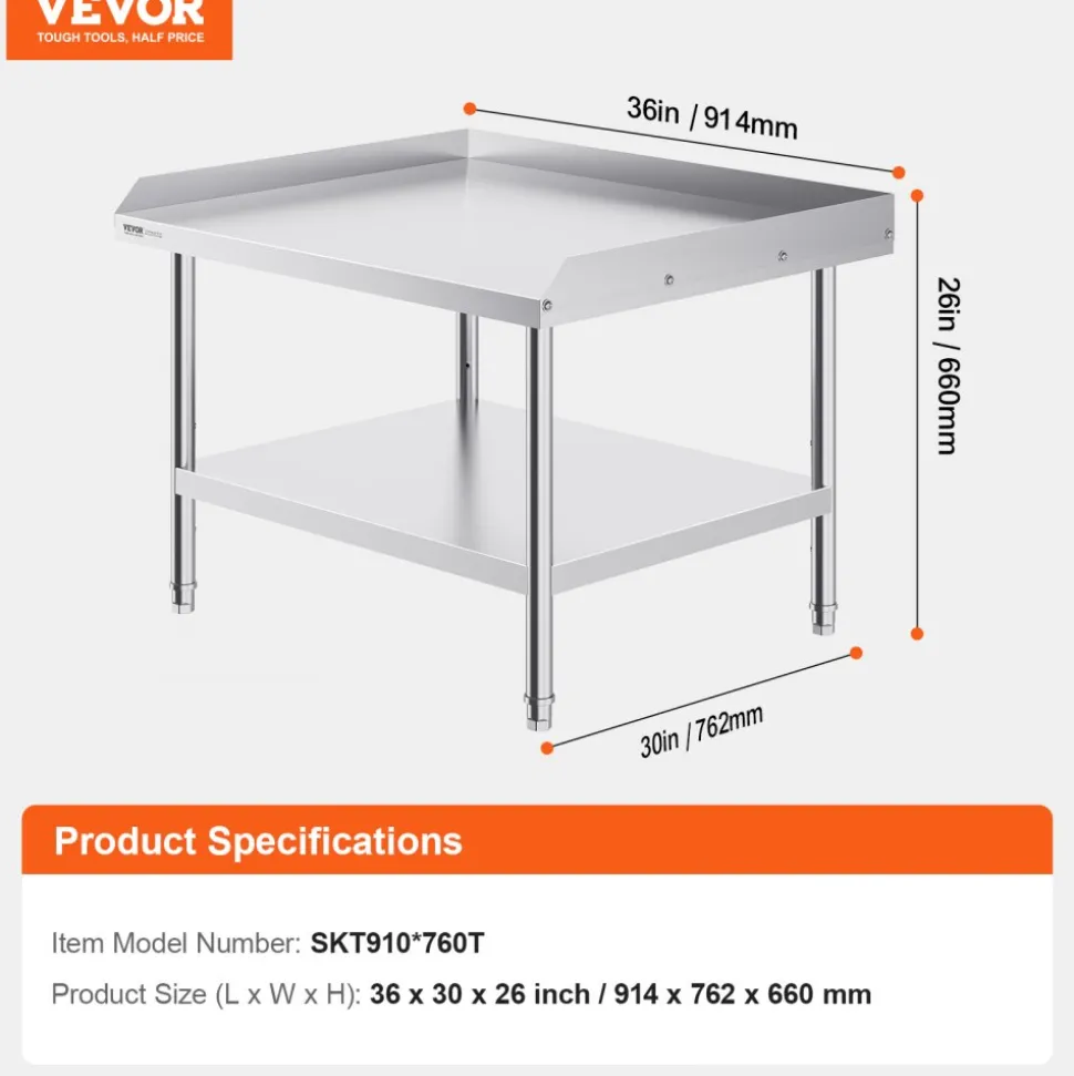 VEVOR Stainless Steel Work Table, 30 x 36 x 26 Inch Commercial Food Prep Worktable, 3-Sided Backsplash Heavy Duty Prep Worktable, Metal Work Table with Adjustable Height for Restaurant Home Hotel
