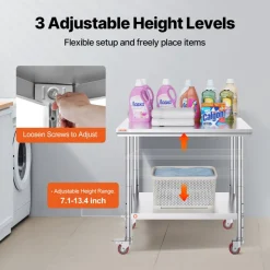 VEVOR Stainless Steel Work Table 35 x 24 x 33 Inch, 300 LBS Load Capacity with 4 Wheels, 3 Adjustable Height Levels, Heavy Duty Food Prep Worktable for Commercial Kitchen Restaurant, Silver