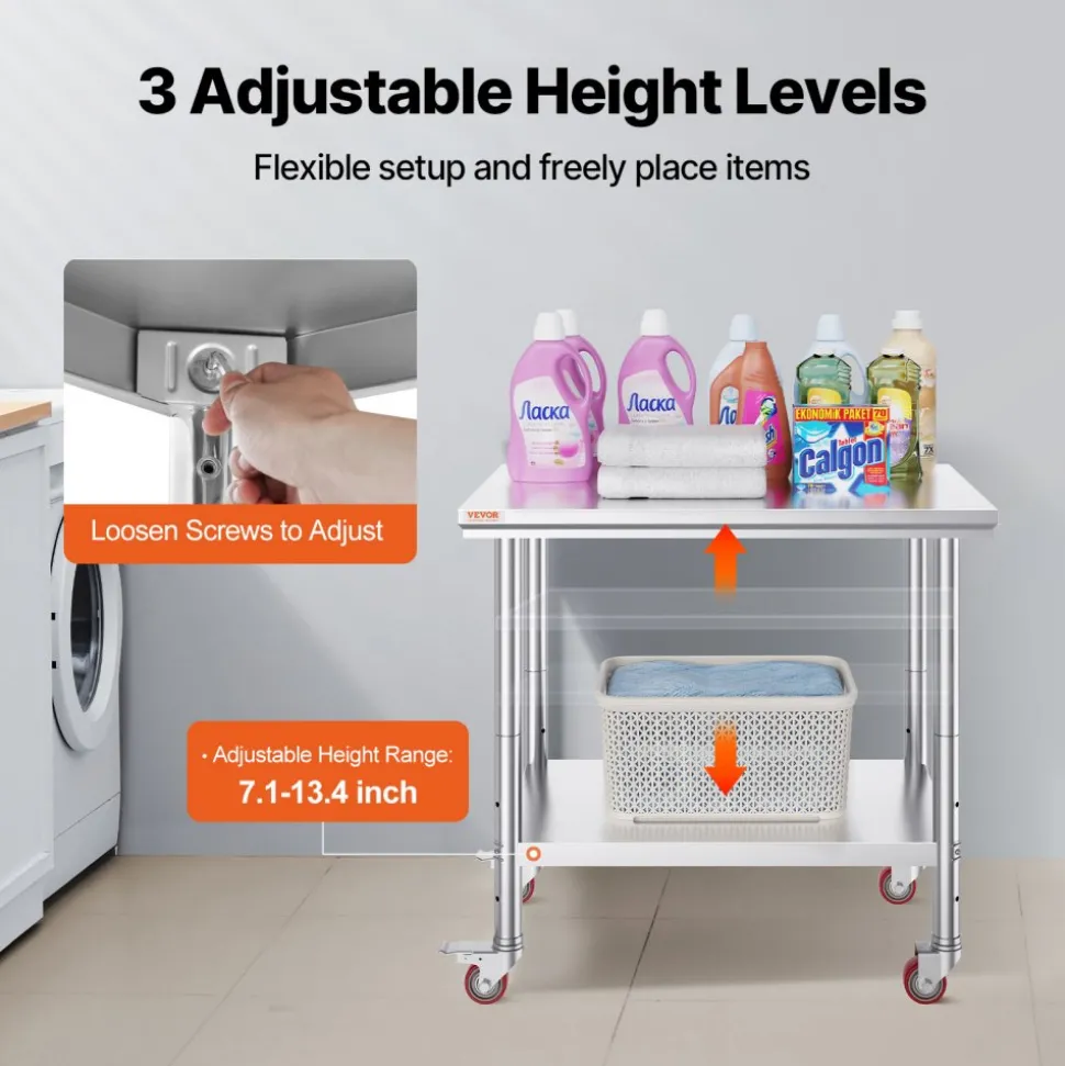 VEVOR Stainless Steel Work Table 35 x 24 x 33 Inch, 300 LBS Load Capacity with 4 Wheels, 3 Adjustable Height Levels, Heavy Duty Food Prep Worktable for Commercial Kitchen Restaurant, Silver