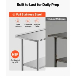 VEVOR Stainless Steel Work Table, 24x48 inch Food Prep Table with Wheels, Commercial Kitchen Workstation with Adjustable Undershelf, Metal Heavy Duty Utility Worktable, for Restaurant Home Outdoor
