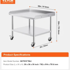 VEVOR Stainless Steel Work Table, 30 x 36 x 30 Inch Commercial Food Prep Worktable with 4 Wheels, Casters, 3-Sided Backsplash Heavy Duty Prep Worktable, Metal Work Table for Restaurant Home Hotel