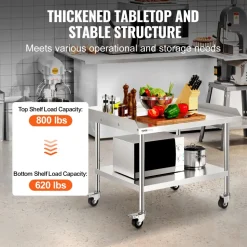 VEVOR Stainless Steel Work Table, 30 x 36 x 30 Inch Commercial Food Prep Worktable with 4 Wheels, Casters, 3-Sided Backsplash Heavy Duty Prep Worktable, Metal Work Table for Restaurant Home Hotel