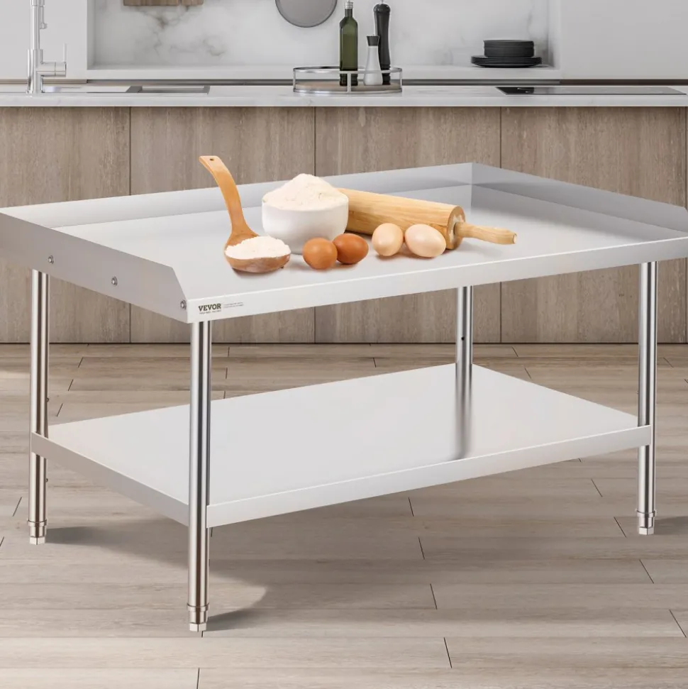 VEVOR Stainless Steel Work Table 30 x 36 x 38 Inch, with 4 Wheels, 3 Adjustable Height Levels, Heavy Duty Food Prep Worktable for Commercial Kitchen Restaurant, Silver