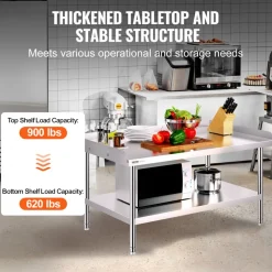 VEVOR Stainless Steel Work Table 30 x 36 x 38 Inch, with 4 Wheels, 3 Adjustable Height Levels, Heavy Duty Food Prep Worktable for Commercial Kitchen Restaurant, Silver