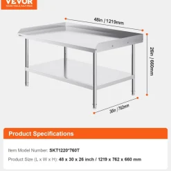 VEVOR Stainless Steel Work Table 30 x 36 x 38 Inch, with 4 Wheels, 3 Adjustable Height Levels, Heavy Duty Food Prep Worktable for Commercial Kitchen Restaurant, Silver