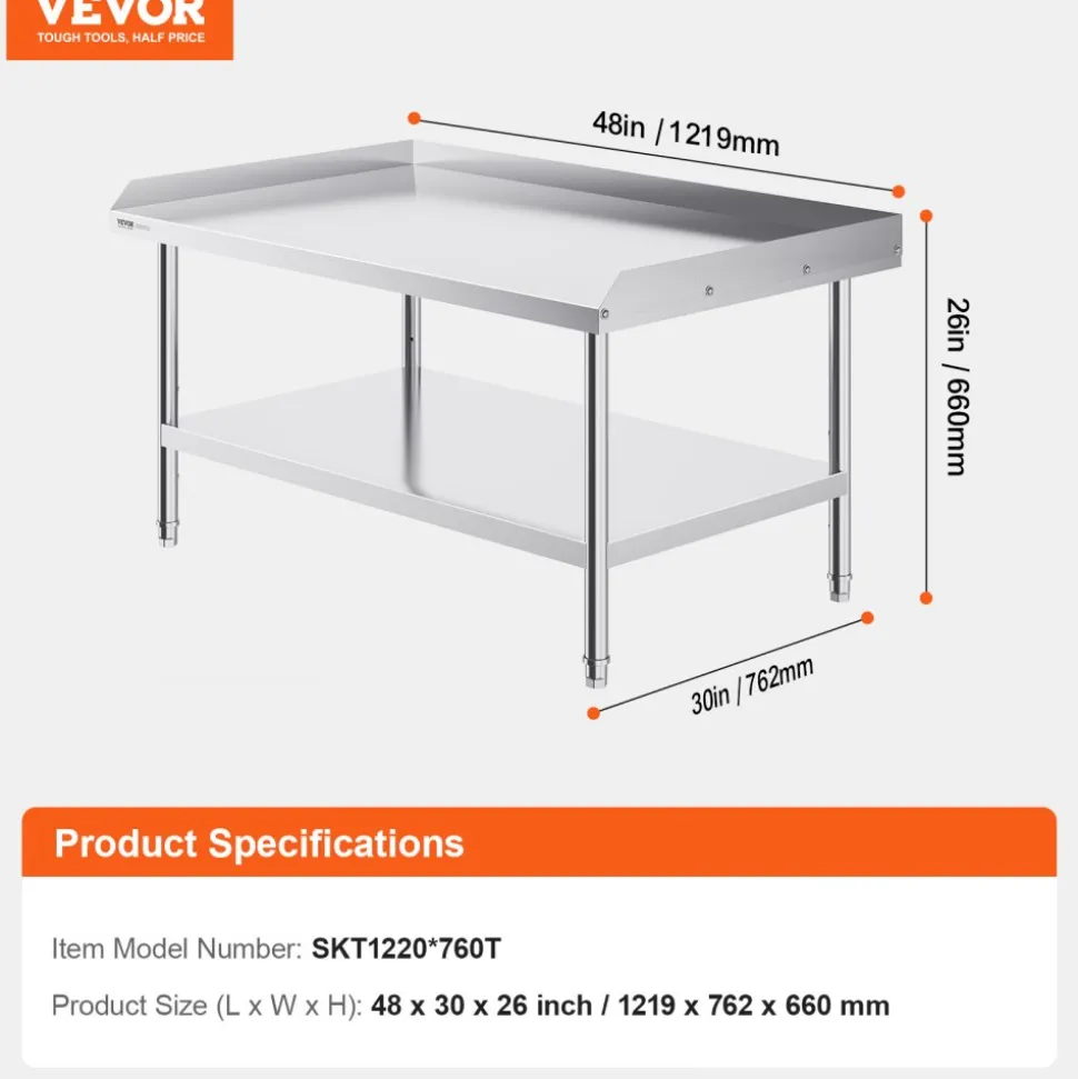 VEVOR Stainless Steel Work Table 30 x 36 x 38 Inch, with 4 Wheels, 3 Adjustable Height Levels, Heavy Duty Food Prep Worktable for Commercial Kitchen Restaurant, Silver