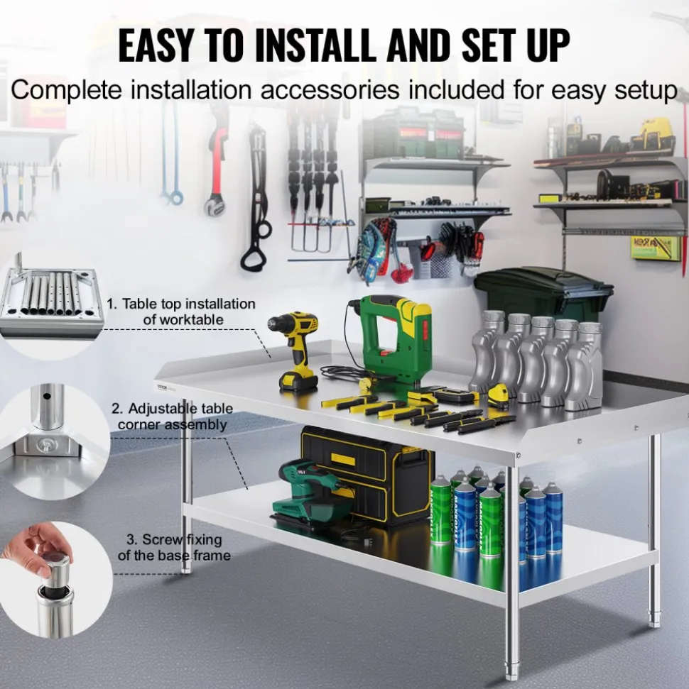VEVOR Stainless Steel Work Table, 24 x 28 x 30 Inch Commercial Food Prep Worktable with 4 Wheels, Casters, 3-Sided Backsplash Heavy Duty Prep Worktable, Metal Work Table for Restaurant Home Hotel