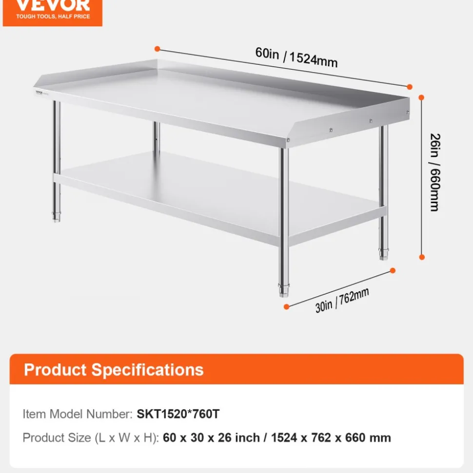 VEVOR Stainless Steel Work Table, 24 x 28 x 30 Inch Commercial Food Prep Worktable with 4 Wheels, Casters, 3-Sided Backsplash Heavy Duty Prep Worktable, Metal Work Table for Restaurant Home Hotel