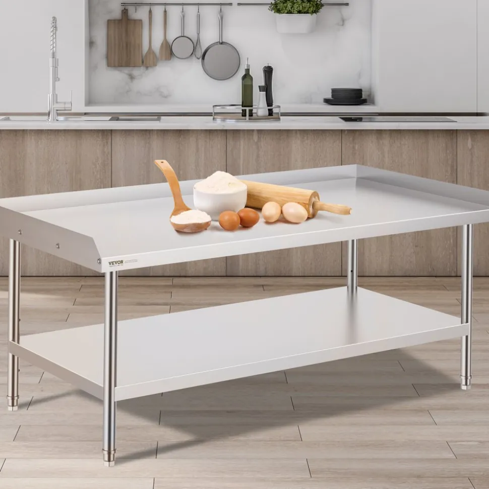 VEVOR Stainless Steel Work Table, 24 x 28 x 30 Inch Commercial Food Prep Worktable with 4 Wheels, Casters, 3-Sided Backsplash Heavy Duty Prep Worktable, Metal Work Table for Restaurant Home Hotel