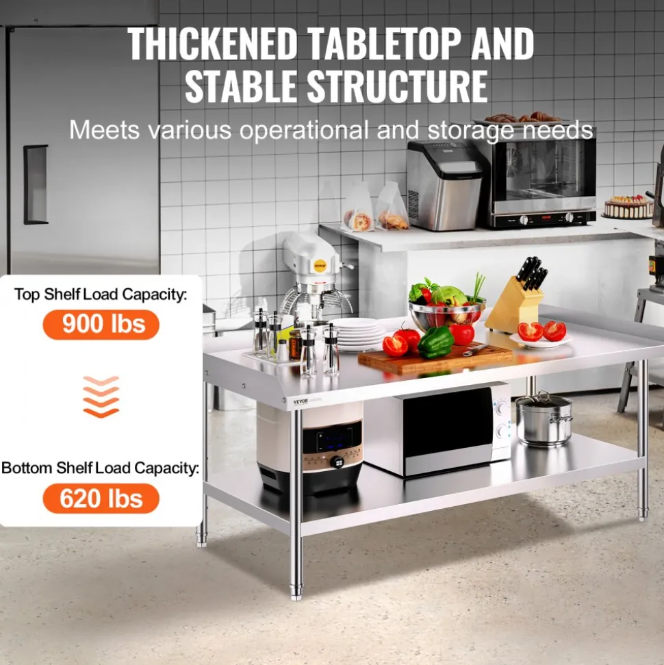 VEVOR Stainless Steel Work Table, 24 x 28 x 30 Inch Commercial Food Prep Worktable with 4 Wheels, Casters, 3-Sided Backsplash Heavy Duty Prep Worktable, Metal Work Table for Restaurant Home Hotel