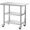 VEVOR Stainless Steel Work Table, 24x36 Inch Food Prep Table with 2 Shelves and Wheels, Commercial Kitchen Workstation, Metal Heavy Duty Utility Worktable, for Restaurant Home Hotel Garage Outdoor