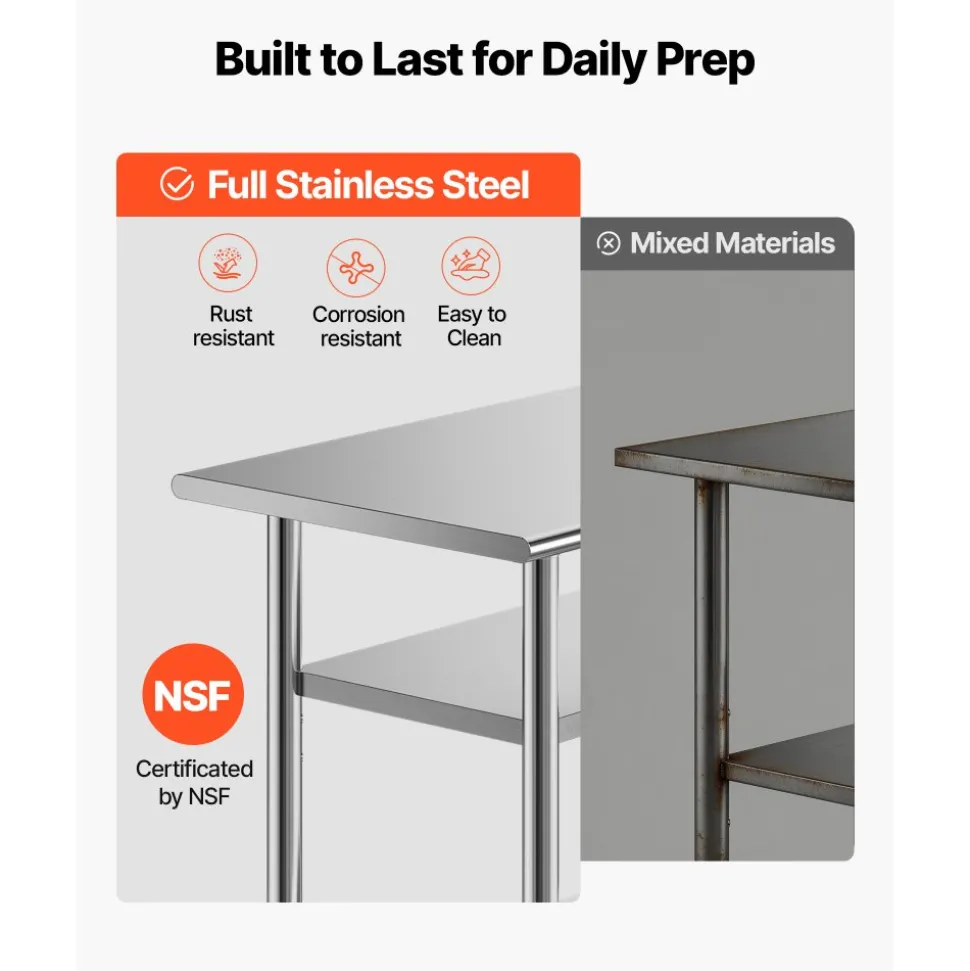 VEVOR Stainless Steel Work Table, 24x36 Inch Food Prep Table with 2 Shelves and Wheels, Commercial Kitchen Workstation, Metal Heavy Duty Utility Worktable, for Restaurant Home Hotel Garage Outdoor