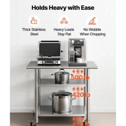 VEVOR Stainless Steel Work Table, 24x36 Inch Food Prep Table with 2 Shelves and Wheels, Commercial Kitchen Workstation, Metal Heavy Duty Utility Worktable, for Restaurant Home Hotel Garage Outdoor