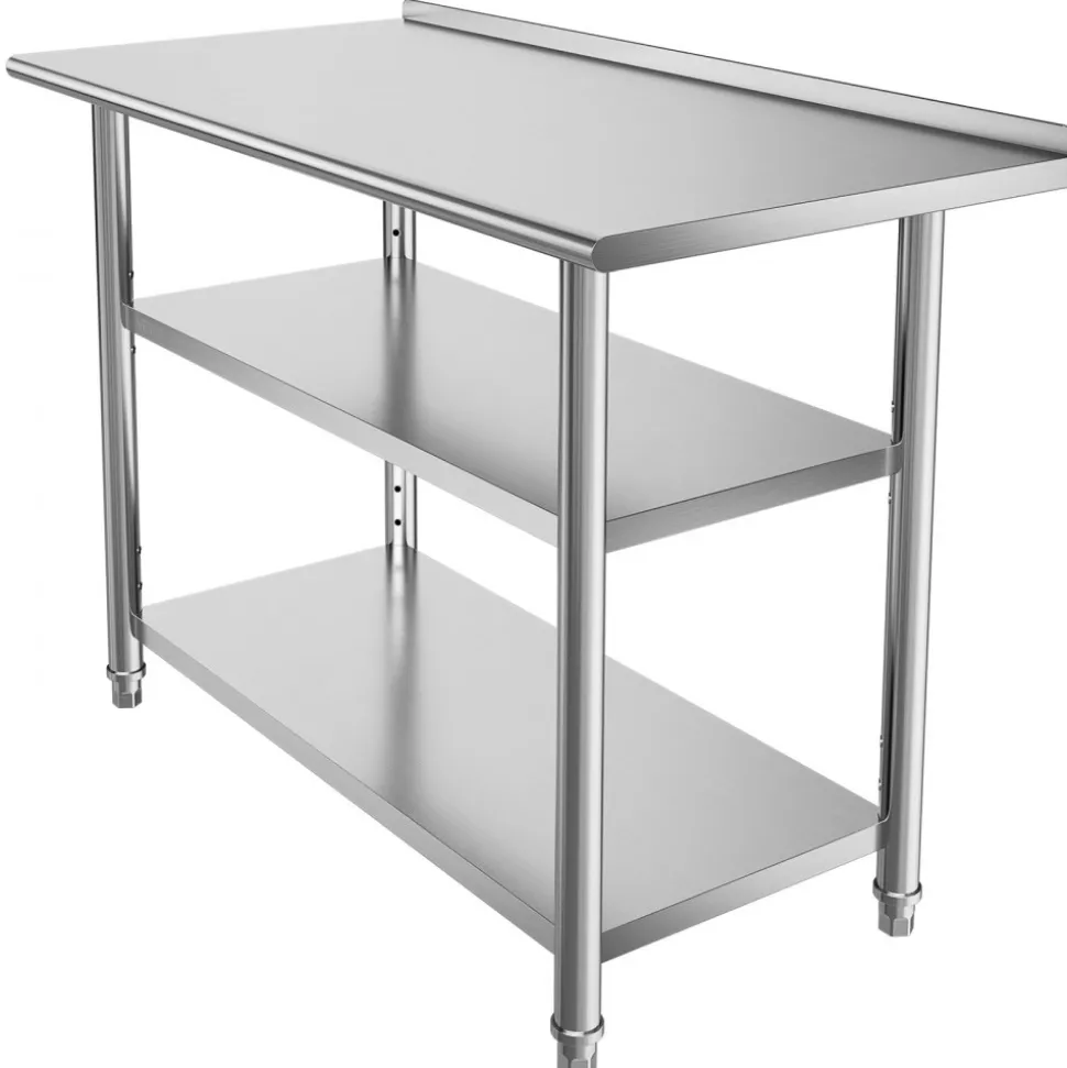 VEVOR Stainless Steel Work Table, 24 x 24 x 26 Inch Commercial Food Prep Worktable, 3-Sided Backsplash Heavy Duty Prep Worktable, Metal Work Table with Adjustable Height for Restaurant Home Hotel