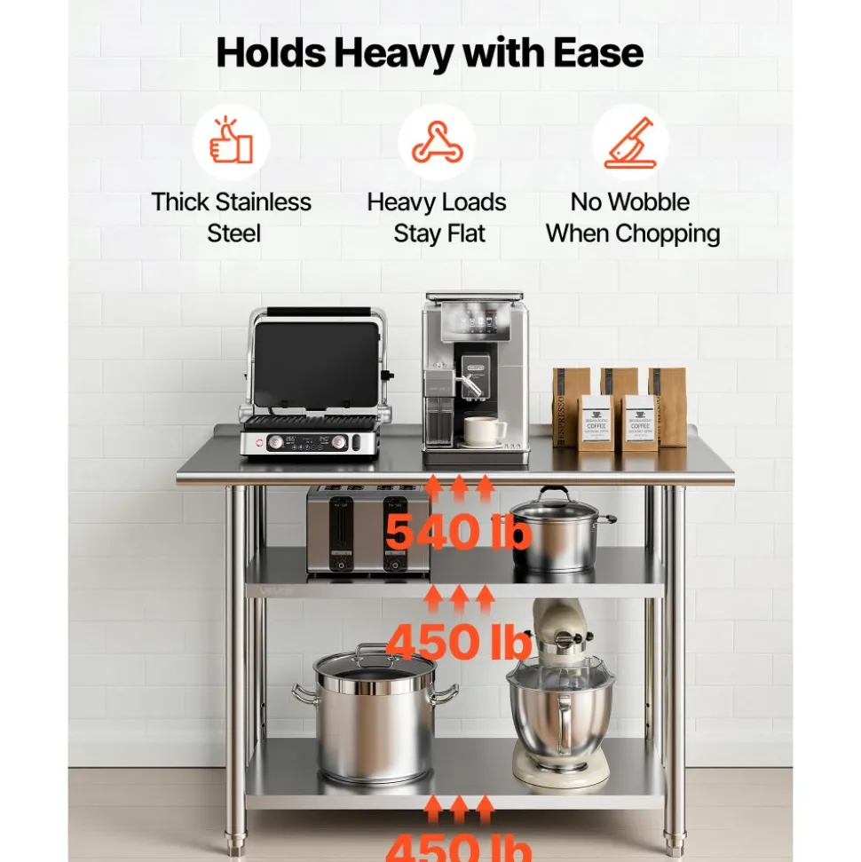 VEVOR Stainless Steel Work Table, 24 x 24 x 26 Inch Commercial Food Prep Worktable, 3-Sided Backsplash Heavy Duty Prep Worktable, Metal Work Table with Adjustable Height for Restaurant Home Hotel