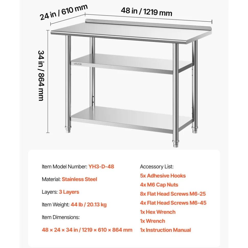 VEVOR Stainless Steel Work Table, 24 x 24 x 26 Inch Commercial Food Prep Worktable, 3-Sided Backsplash Heavy Duty Prep Worktable, Metal Work Table with Adjustable Height for Restaurant Home Hotel