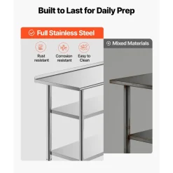 VEVOR Stainless Steel Work Table, 24 x 24 x 26 Inch Commercial Food Prep Worktable, 3-Sided Backsplash Heavy Duty Prep Worktable, Metal Work Table with Adjustable Height for Restaurant Home Hotel
