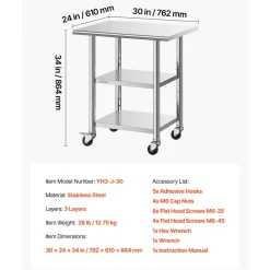 VEVOR Stainless Steel Work Table, 24x30 Inch Food Prep Table with 2 Shelves and Wheels, Commercial Kitchen Workstation, Metal Heavy Duty Utility Worktable, for Restaurant Home Hotel Garage Outdoor