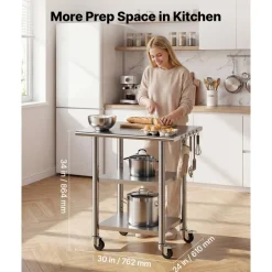 VEVOR Stainless Steel Work Table, 24x30 Inch Food Prep Table with 2 Shelves and Wheels, Commercial Kitchen Workstation, Metal Heavy Duty Utility Worktable, for Restaurant Home Hotel Garage Outdoor