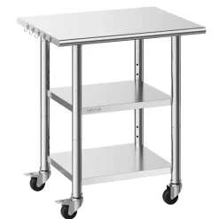 VEVOR Stainless Steel Work Table, 24x30 Inch Food Prep Table with 2 Shelves and Wheels, Commercial Kitchen Workstation, Metal Heavy Duty Utility Worktable, for Restaurant Home Hotel Garage Outdoor