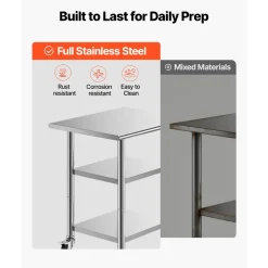 VEVOR Stainless Steel Work Table, 24x30 Inch Food Prep Table with 2 Shelves and Wheels, Commercial Kitchen Workstation, Metal Heavy Duty Utility Worktable, for Restaurant Home Hotel Garage Outdoor