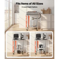 VEVOR Stainless Steel Work Table 30 x 48 x 38 Inch, with 4 Wheels, 3 Adjustable Height Levels, Heavy Duty Food Prep Worktable for Commercial Kitchen Restaurant, Silver