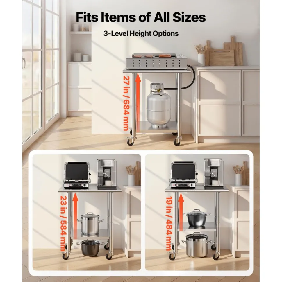 VEVOR Stainless Steel Work Table 30 x 48 x 38 Inch, with 4 Wheels, 3 Adjustable Height Levels, Heavy Duty Food Prep Worktable for Commercial Kitchen Restaurant, Silver