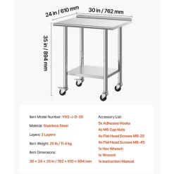 VEVOR Stainless Steel Work Table 30 x 48 x 38 Inch, with 4 Wheels, 3 Adjustable Height Levels, Heavy Duty Food Prep Worktable for Commercial Kitchen Restaurant, Silver