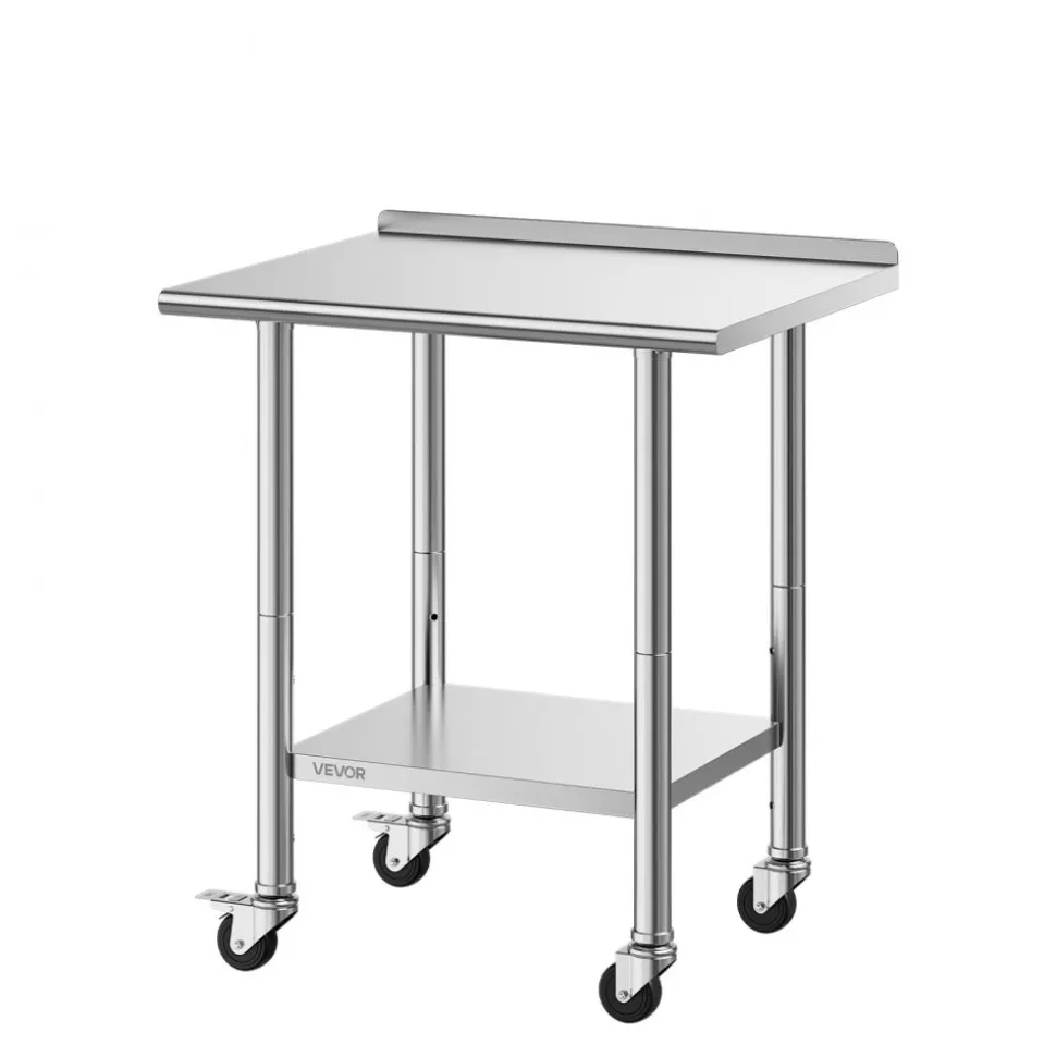 VEVOR Stainless Steel Work Table 30 x 48 x 38 Inch, with 4 Wheels, 3 Adjustable Height Levels, Heavy Duty Food Prep Worktable for Commercial Kitchen Restaurant, Silver