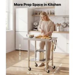 VEVOR Stainless Steel Work Table 30 x 48 x 38 Inch, with 4 Wheels, 3 Adjustable Height Levels, Heavy Duty Food Prep Worktable for Commercial Kitchen Restaurant, Silver