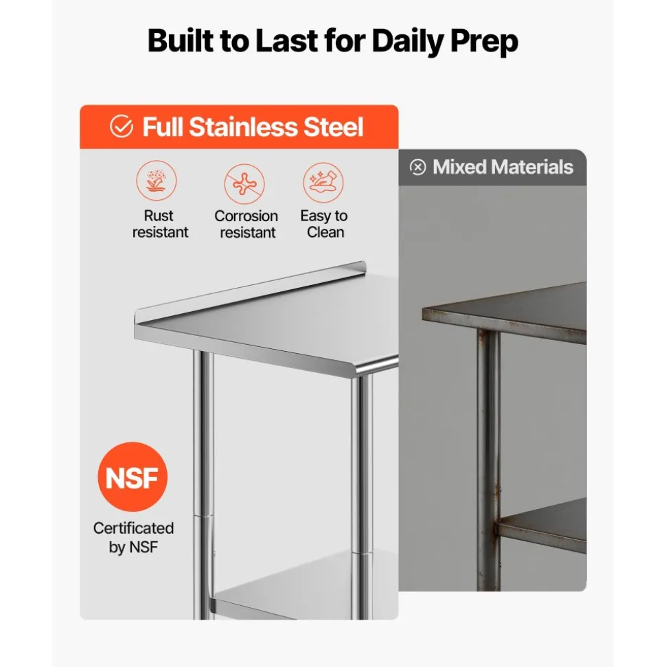VEVOR Stainless Steel Work Table 30 x 48 x 38 Inch, with 4 Wheels, 3 Adjustable Height Levels, Heavy Duty Food Prep Worktable for Commercial Kitchen Restaurant, Silver