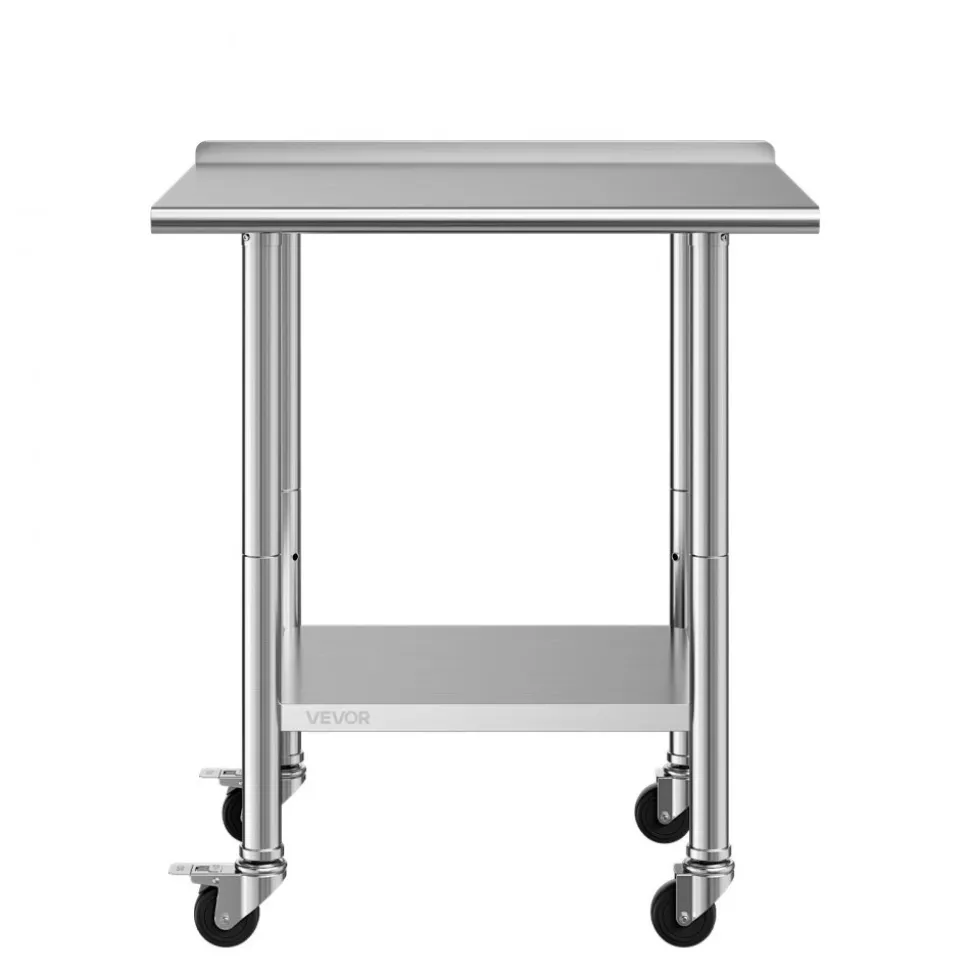 VEVOR Stainless Steel Work Table 30 x 48 x 38 Inch, with 4 Wheels, 3 Adjustable Height Levels, Heavy Duty Food Prep Worktable for Commercial Kitchen Restaurant, Silver