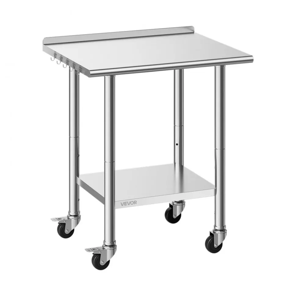 VEVOR Stainless Steel Work Table 30 x 48 x 38 Inch, with 4 Wheels, 3 Adjustable Height Levels, Heavy Duty Food Prep Worktable for Commercial Kitchen Restaurant, Silver