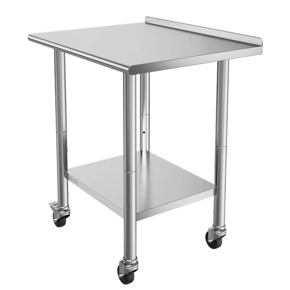 VEVOR Stainless Steel Work Table 30 x 48 x 38 Inch, with 4 Wheels, 3 Adjustable Height Levels, Heavy Duty Food Prep Worktable for Commercial Kitchen Restaurant, Silver