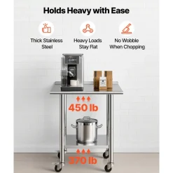 VEVOR Stainless Steel Work Table 30 x 48 x 38 Inch, with 4 Wheels, 3 Adjustable Height Levels, Heavy Duty Food Prep Worktable for Commercial Kitchen Restaurant, Silver