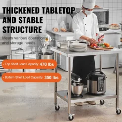 VEVOR Stainless Steel Work Table 30 x 18 x 38 Inch, with 4 Wheels, 3 Adjustable Height Levels, Heavy Duty Food Prep Worktable for Commercial Kitchen Restaurant, Silver