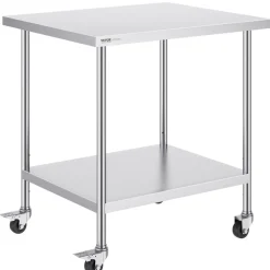 VEVOR Stainless Steel Work Table 30 x 18 x 38 Inch, with 4 Wheels, 3 Adjustable Height Levels, Heavy Duty Food Prep Worktable for Commercial Kitchen Restaurant, Silver