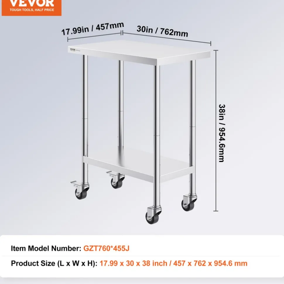 VEVOR Stainless Steel Work Table 30 x 18 x 38 Inch, with 4 Wheels, 3 Adjustable Height Levels, Heavy Duty Food Prep Worktable for Commercial Kitchen Restaurant, Silver