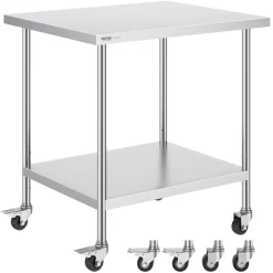 VEVOR Stainless Steel Work Table 30 x 18 x 38 Inch, with 4 Wheels, 3 Adjustable Height Levels, Heavy Duty Food Prep Worktable for Commercial Kitchen Restaurant, Silver