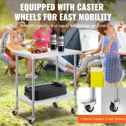 VEVOR Stainless Steel Work Table 24 x 36 x 38 Inch, with 4 Wheels, 3 Adjustable Height Levels, Heavy Duty Food Prep Worktable for Commercial Kitchen Restaurant, Silver