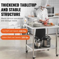 VEVOR Stainless Steel Work Table 24 x 36 x 38 Inch, with 4 Wheels, 3 Adjustable Height Levels, Heavy Duty Food Prep Worktable for Commercial Kitchen Restaurant, Silver