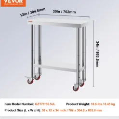 VEVOR Stainless Steel Work Table 24 x 24 x 38 Inch, 700 LBS Load Capacity with 4 Wheels, 3 Adjustable Height Levels, Heavy Duty Food Prep Worktable for Commercial Kitchen Restaurant, Silver