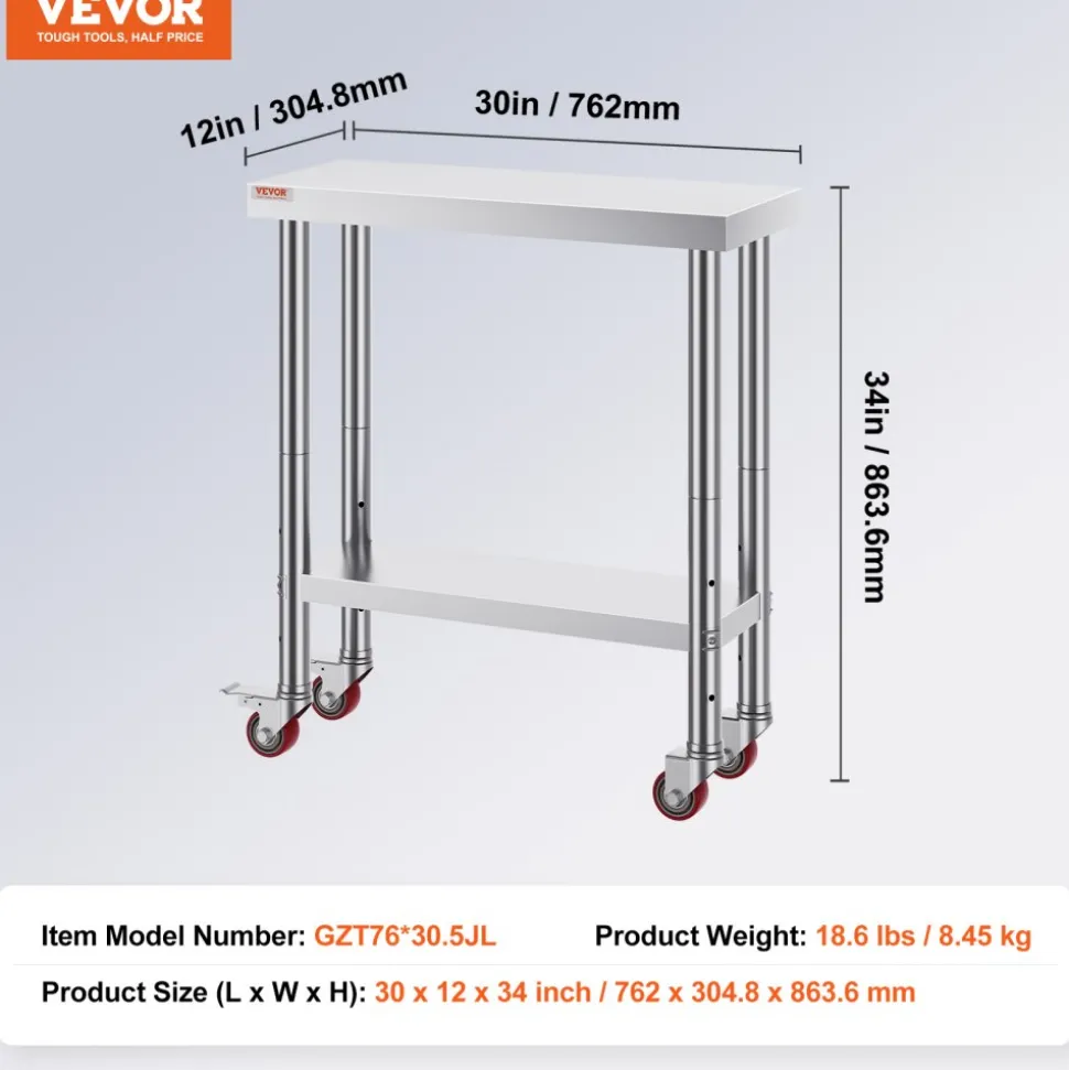 VEVOR Stainless Steel Work Table 30 x 12 x 34 Inch, 700 LBS Load Capacity with 4 Wheels, 3 Adjustable Height Levels, Heavy Duty Food Prep Worktable for Commercial Kitchen Restaurant, Silver