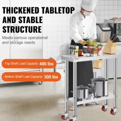 VEVOR Stainless Steel Work Table 30 x 12 x 34 Inch, 700 LBS Load Capacity with 4 Wheels, 3 Adjustable Height Levels, Heavy Duty Food Prep Worktable for Commercial Kitchen Restaurant, Silver