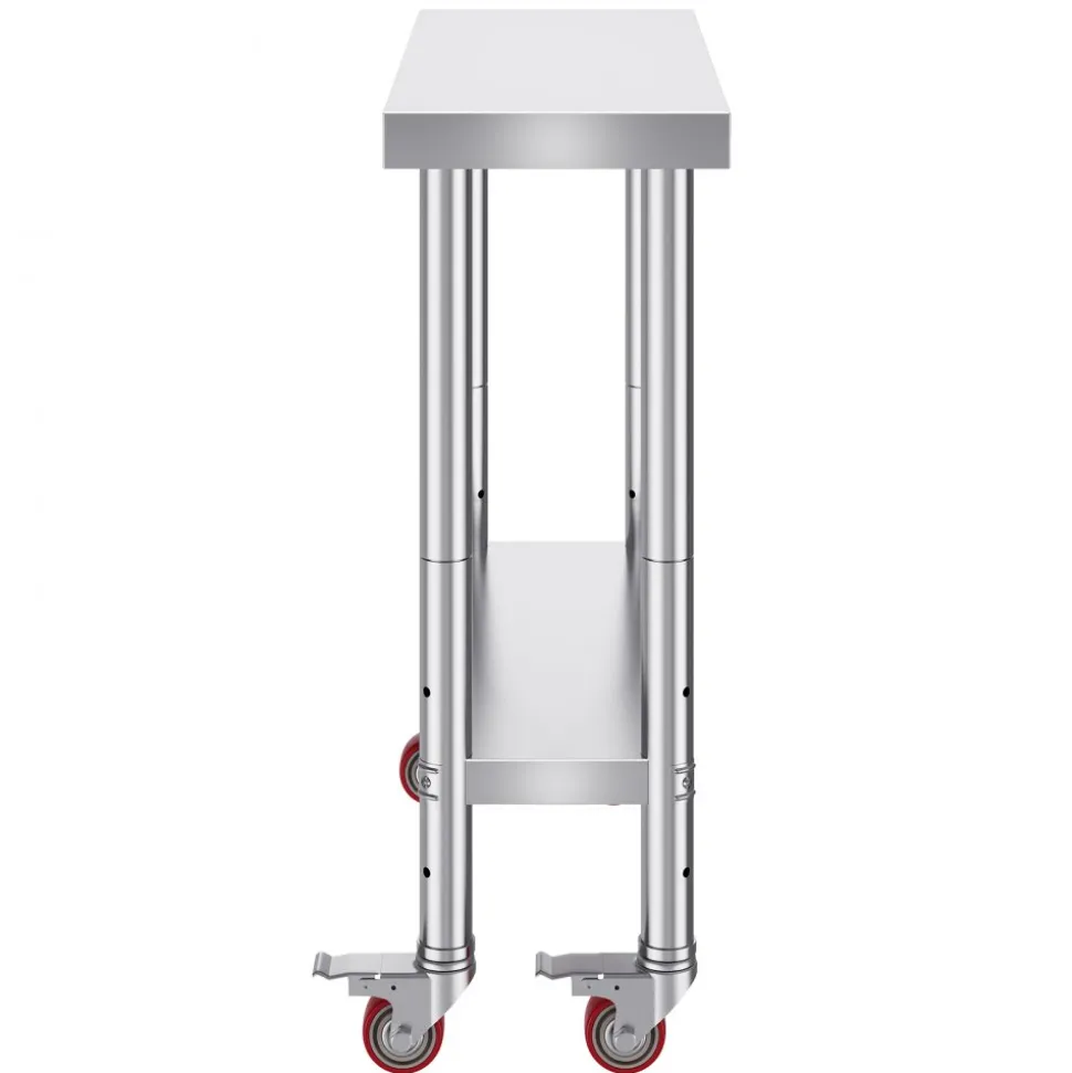 VEVOR Stainless Steel Work Table 30 x 12 x 34 Inch, 700 LBS Load Capacity with 4 Wheels, 3 Adjustable Height Levels, Heavy Duty Food Prep Worktable for Commercial Kitchen Restaurant, Silver