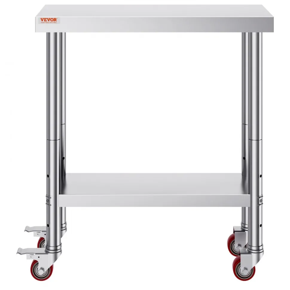 VEVOR Stainless Steel Work Table 30 x 12 x 34 Inch, 700 LBS Load Capacity with 4 Wheels, 3 Adjustable Height Levels, Heavy Duty Food Prep Worktable for Commercial Kitchen Restaurant, Silver