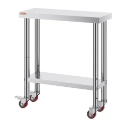 VEVOR Stainless Steel Work Table 30 x 12 x 34 Inch, 700 LBS Load Capacity with 4 Wheels, 3 Adjustable Height Levels, Heavy Duty Food Prep Worktable for Commercial Kitchen Restaurant, Silver