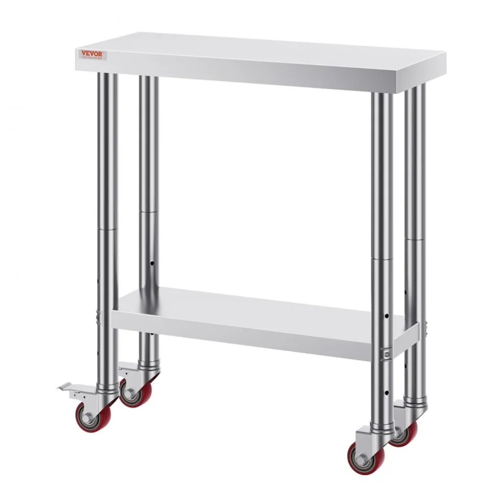 VEVOR Stainless Steel Work Table 30 x 12 x 34 Inch, 700 LBS Load Capacity with 4 Wheels, 3 Adjustable Height Levels, Heavy Duty Food Prep Worktable for Commercial Kitchen Restaurant, Silver
