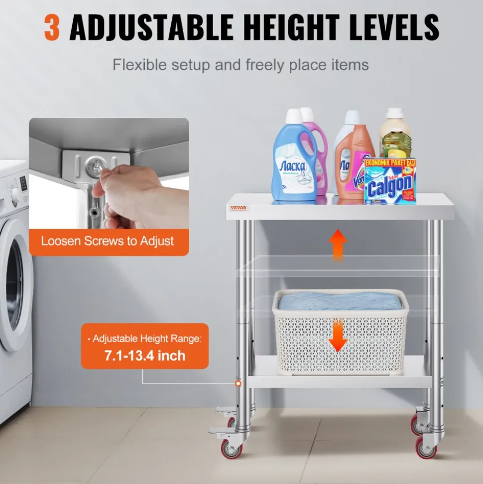 VEVOR Stainless Steel Work Table 30 x 12 x 34 Inch, 700 LBS Load Capacity with 4 Wheels, 3 Adjustable Height Levels, Heavy Duty Food Prep Worktable for Commercial Kitchen Restaurant, Silver
