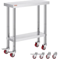 VEVOR Stainless Steel Work Table 30 x 12 x 34 Inch, 700 LBS Load Capacity with 4 Wheels, 3 Adjustable Height Levels, Heavy Duty Food Prep Worktable for Commercial Kitchen Restaurant, Silver